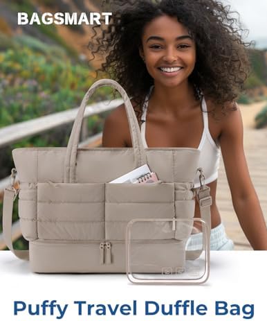 41ogac6jul. ac .jpg Bagsmart Puffer Reisetasche Damen Groß 38l Kliniktasche Geburt Wasserabweisend Handgepäck, 47*21*39cm Kamel Bagsmart Puf