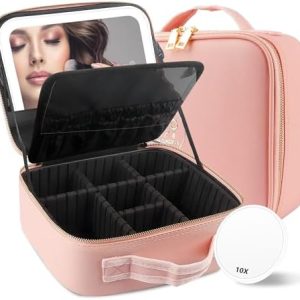 MOMIRA Reise-Schminktasche Rosa - 3 Farbszenarien, 10x Vergrößerungsspiegel, Entnehmbier Spiegel