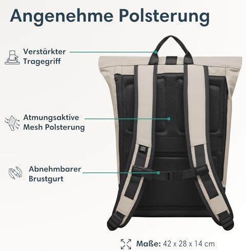 41tpkab7jl. ac .jpg LARKSON Janne Rolltop Rucksack - Mit Laptopfach für Damen & Herren -Uni, Arbeit, Reise & Fahrrad - Tagesrucksack, Mittel