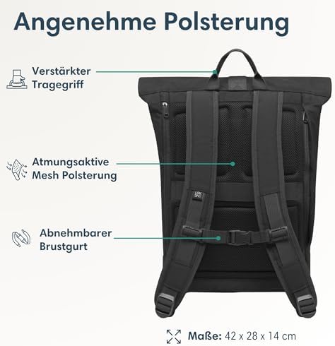 41lrsmpxcdl. ac .jpg LARKSON Janne Rolltop Rucksack - Mit Laptopfach für Damen & Herren -Uni, Arbeit, Reise & Fahrrad - Tagesrucksack, Mittel