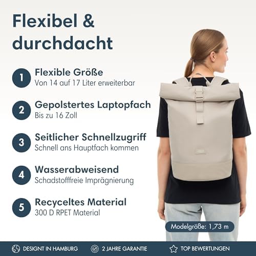 519rxmuli9l. ac .jpg LARKSON Janne Rolltop Rucksack - Mit Laptopfach für Damen & Herren -Uni, Arbeit, Reise & Fahrrad - Tagesrucksack, Mittel