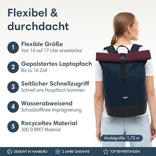 51ar peuotl. ac .jpg LARKSON Janne Rolltop Rucksack - Mit Laptopfach für Damen & Herren -Uni, Arbeit, Reise & Fahrrad - Tagesrucksack, Mittel
