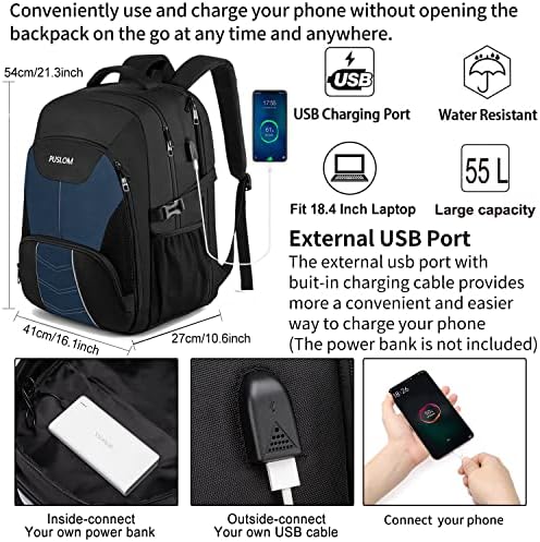 51byfiv2bvl. ac .jpg PUSLOM Extra Großer Wasserdichter Rucksack für Männer 55L Laptop Tasche mit USB Ladeanschluss Business Reisen Schwarz