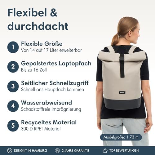51f7mvhpo9l. ac .jpg LARKSON Janne Rolltop Rucksack - Mit Laptopfach für Damen & Herren -Uni, Arbeit, Reise & Fahrrad - Tagesrucksack, Mittel