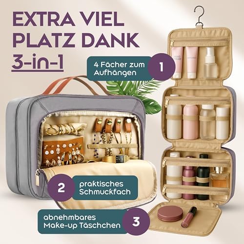 51ku3leyv l. ac .jpg Reisefein Kulturtasche Damen Groß – 3-in-1 Kulturbeutel zum Aufhängen – Praktische Kosmetiktasche für Reise & Ordnung
