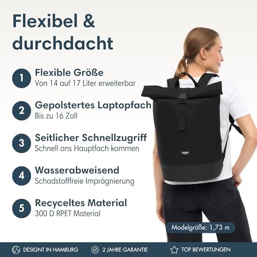 51vcmymsu7l. ac .jpg LARKSON Janne Rolltop Rucksack - Mit Laptopfach für Damen & Herren -Uni, Arbeit, Reise & Fahrrad - Tagesrucksack, Mittel