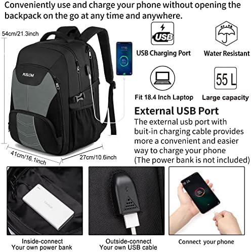 51zxzl7umrl. ac .jpg PUSLOM Extra Großer Wasserdichter Rucksack für Männer 55L Laptop Tasche mit USB Ladeanschluss Business Reisen Schwarz