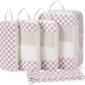 Narwey 5 Teilige Kompression Koffer Organizer Set für Reisen (Checkered Altrosa)