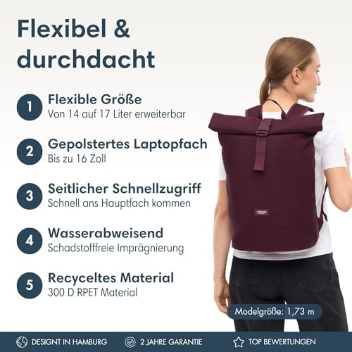 51uzkda49kl. ac .jpg LARKSON Janne Rolltop Rucksack - Mit Laptopfach für Damen & Herren -Uni, Arbeit, Reise & Fahrrad - Tagesrucksack, Mittel