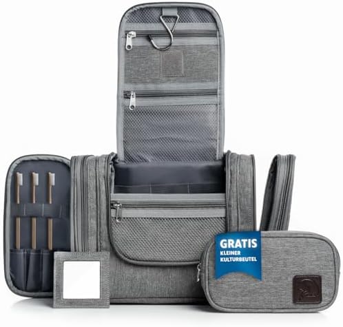 412ocbyidhl. ac 1.jpg Obics Kulturbeutel Gross grau 8L XL - für Herren & Damen - zum Aufhängen & mit Spiegel - 10 Fächer - ideal für Camping &