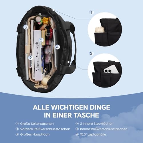 41fcl 2k8fl. ac .jpg Befen Puffer Tote Bag Damen Groß Handtasche Sporttasche Tragbare Laptoptasche 15,6 Zoll mit Reißverschluss für Reisen, S