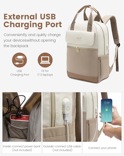 41fbhlcqdyl. ac .jpg LOVEVOOK Damen Rucksack, 15,6 Zoll Laptop Schulrucksack, Wasserdicht, Reiserucksack, Beige OEKO-TEX STANDARD 100