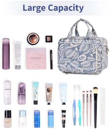 41ffyl 74vl. ac .jpg Narwey Damen Waschtasche Groß & Kosmetiktasche für Herren & Kinder (Kleine Graublaue Blume)