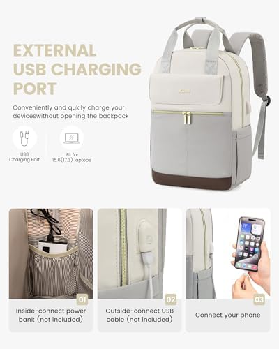 41htyyuev5l. ac .jpg LOVEVOOK Damen Rucksack, 15,6 Zoll Laptop Schulrucksack, Wasserdicht, Reiserucksack, Beige OEKO-TEX STANDARD 100