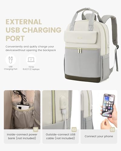 41j5pxy5uil. ac .jpg LOVEVOOK Damen Rucksack, 15,6 Zoll Laptop Schulrucksack, Wasserdicht, Reiserucksack, Beige OEKO-TEX STANDARD 100