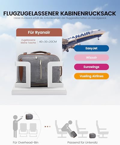 41jk12ojql. ac .jpg LOVEVOOK Ryanair Handgepäck für Damen Herren | Carry On Tasche 40x30x20cm | Eurowings Wizz Cabine Richtung | Laptop Komp