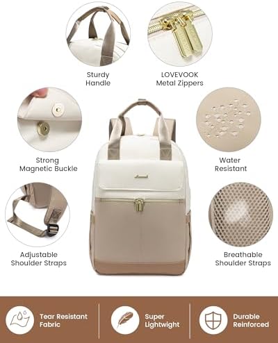 41kdwgul52l. ac .jpg LOVEVOOK Damen Rucksack, 15,6 Zoll Laptop Schulrucksack, Wasserdicht, Reiserucksack, Beige OEKO-TEX STANDARD 100