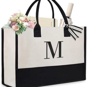 Aucuu Initiale Canvas Tragetasche - Große Damen Handtasche mit Reißverschlusstaschen - Personalisierte Geschenktasche fü