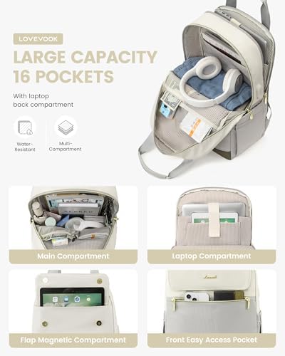 41mswmnjvpl. ac .jpg LOVEVOOK Damen Rucksack, 15,6 Zoll Laptop Schulrucksack, Wasserdicht, Reiserucksack, Beige OEKO-TEX STANDARD 100