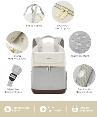 41fqj4fuwl. ac .jpg LOVEVOOK Damen Rucksack, 15,6 Zoll Laptop Schulrucksack, Wasserdicht, Reiserucksack, Beige OEKO-TEX STANDARD 100