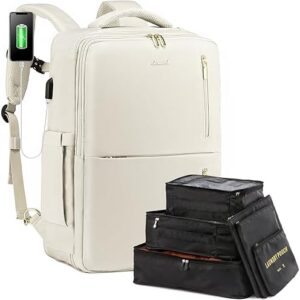 LOVEVOOK Damen Reiserucksack mit Schuhfach & Laptopfach 17 Zoll, 30-40l, Beige für Urlaub & Wandern