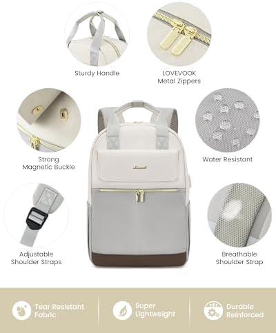 41j78xrjp0l. ac .jpg LOVEVOOK Damen Rucksack, 15,6 Zoll Laptop Schulrucksack, Wasserdicht, Reiserucksack, Beige OEKO-TEX STANDARD 100