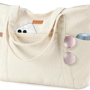 Lekespring Cord Tasche Damen Groß Tote Bag mit Reißverschluss für Schule Gym elegant Umhängetasche 17 Zoll Laptopfach Be