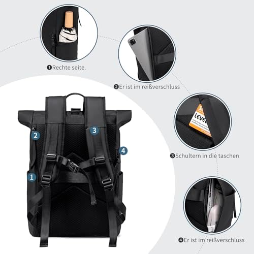 41rkppmal6l. ac .jpg BJIAX Rolltop Rucksack Wasserdichter Laptop 17,3" Groß für Damen und Herren Reisen und Arbeiten Schwarz 24L/32L