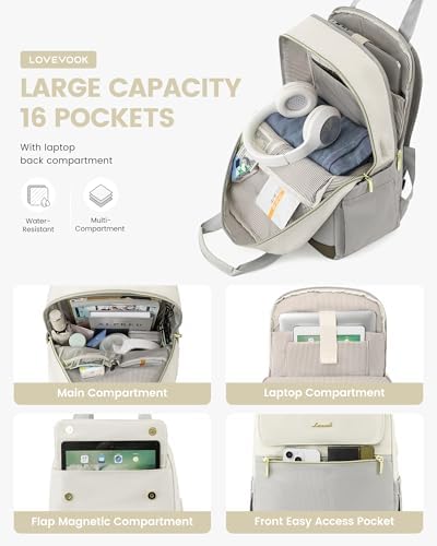 41rjsimooyl. ac .jpg LOVEVOOK Damen Rucksack, 15,6 Zoll Laptop Schulrucksack, Wasserdicht, Reiserucksack, Beige OEKO-TEX STANDARD 100