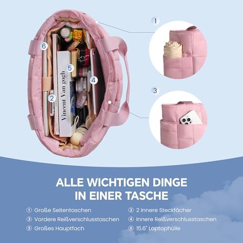 41tzf28w17l. ac .jpg Befen Puffer Tote Bag Damen Groß Handtasche Sporttasche Tragbare Laptoptasche 15,6 Zoll mit Reißverschluss für Reisen, S