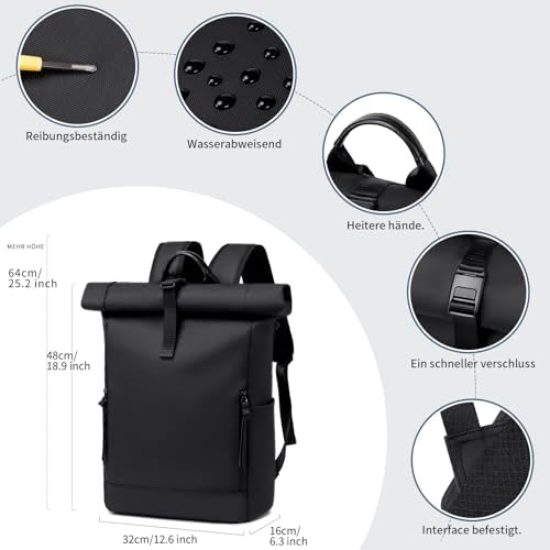 41vsuojxlsl. ac .jpg BJIAX Rolltop Rucksack Wasserdichter Laptop 17,3" Groß für Damen und Herren Reisen und Arbeiten Schwarz 24L/32L