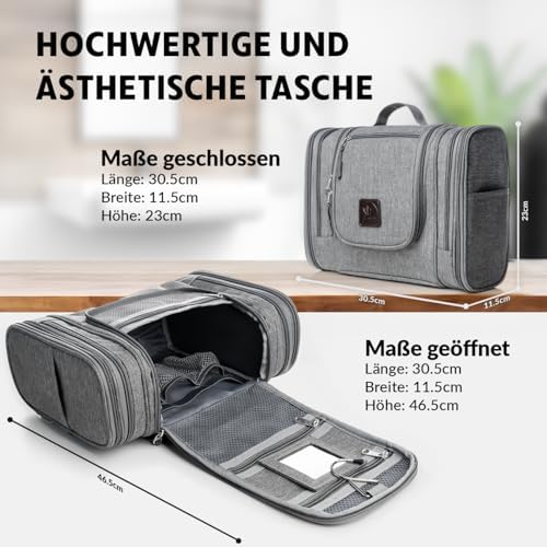 51avx5ye15l. ac 1.jpg Obics Kulturbeutel Gross grau 8L XL - für Herren & Damen - zum Aufhängen & mit Spiegel - 10 Fächer - ideal für Camping &
