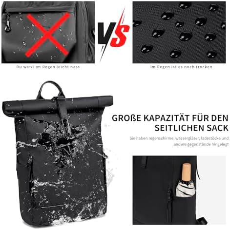 51ugxaibiol. ac .jpg BJIAX Rolltop Rucksack Wasserdichter Laptop 17,3" Groß für Damen und Herren Reisen und Arbeiten Schwarz 24L/32L