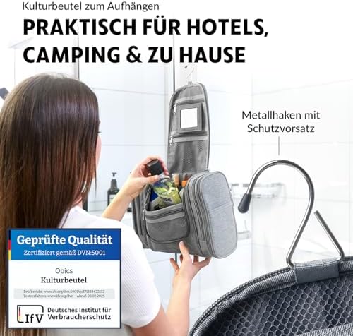 51wl1x2uy5l. ac 1.jpg Obics Kulturbeutel Gross grau 8L XL - für Herren & Damen - zum Aufhängen & mit Spiegel - 10 Fächer - ideal für Camping &