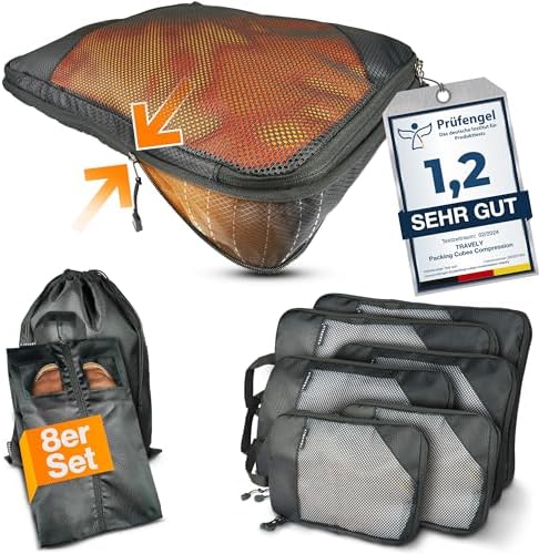 51jvamwrul. ac .jpg Travely Kompression Packwürfel - 8-teiliges Set - Packwürfel für Reise und Rucksack - Kompressionsbeutel als Kofferorgan
