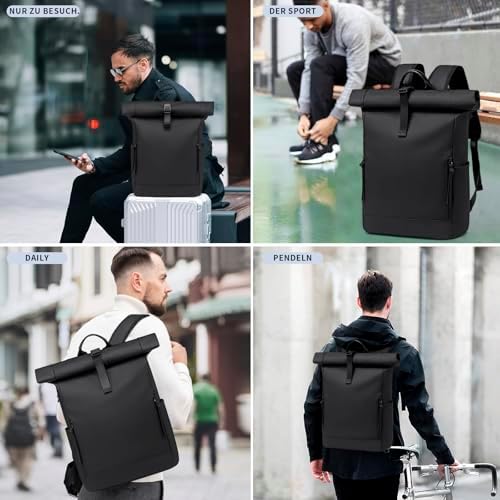 51sfbykocfl. ac .jpg BJIAX Rolltop Rucksack Wasserdichter Laptop 17,3" Groß für Damen und Herren Reisen und Arbeiten Schwarz 24L/32L