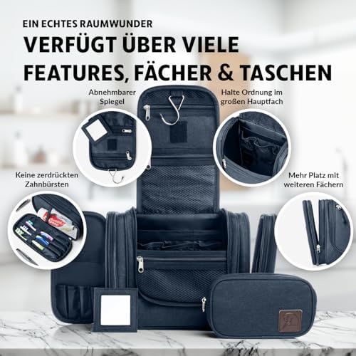 51sywfqpwnl. ac 1.jpg Obics Kulturbeutel Gross grau 8L XL - für Herren & Damen - zum Aufhängen & mit Spiegel - 10 Fächer - ideal für Camping &