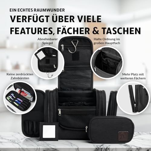 51wnuct1fvl. ac 1.jpg Obics Kulturbeutel Gross grau 8L XL - für Herren & Damen - zum Aufhängen & mit Spiegel - 10 Fächer - ideal für Camping &
