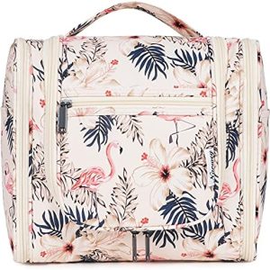 Narwey Groß Kulturbeutel Damen & Herren - Zum Aufhängen, Kinder Kosmetiktasche, Waschtasche für Mädchen (Beiger Flamingo